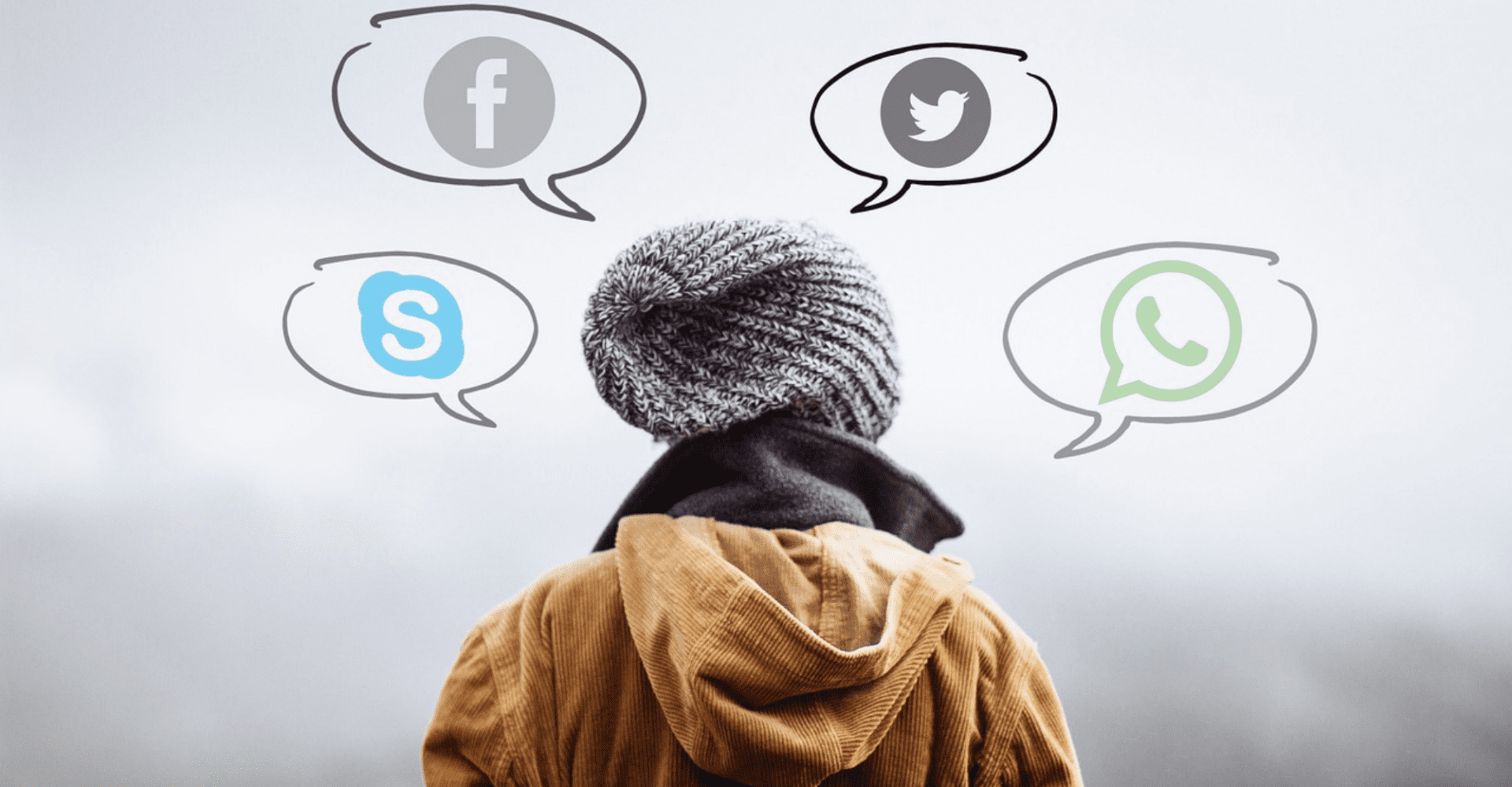 Osoba ubrana w brązową kurtkę i szarą czapkę. Dookoła niej dymki z ikonkami mediów społecznościowych: Skype'a, WhatsAppa, Facebooka i dawnego Twittera.