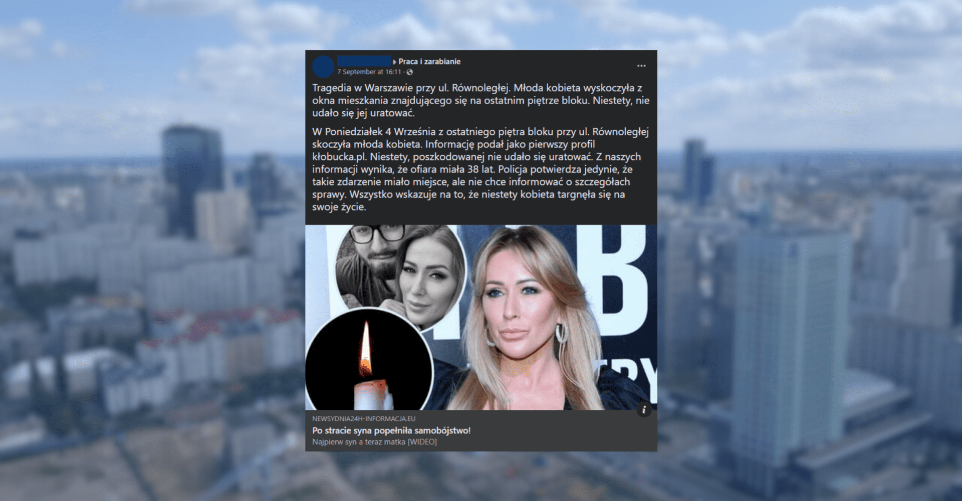 Screenshot posta będącego przykładem scamu z wykorzystaniem wizerunku znanej osoby, tu: Sylwii Peretti z "Królowych życia"