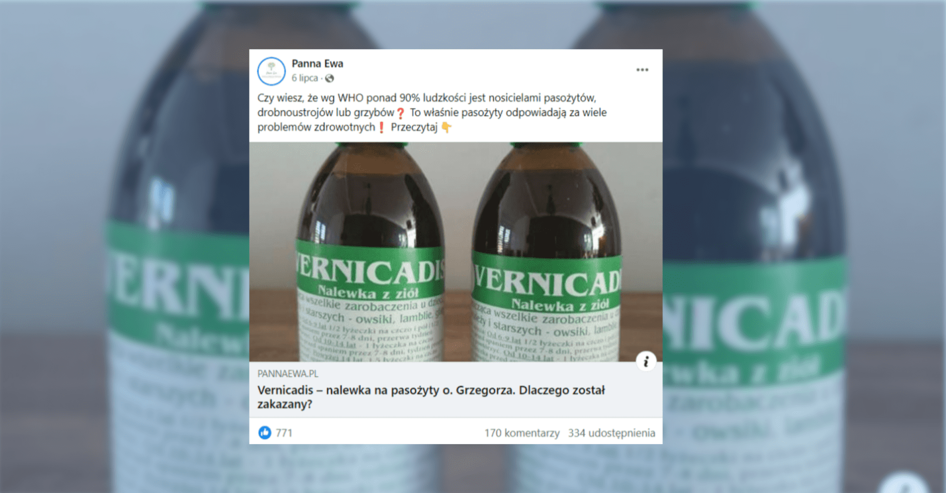 Screenshot posta z Facebooka, przedstawiającego nieprawdziwe informacje na temat zakazanego leku Vernicadis.