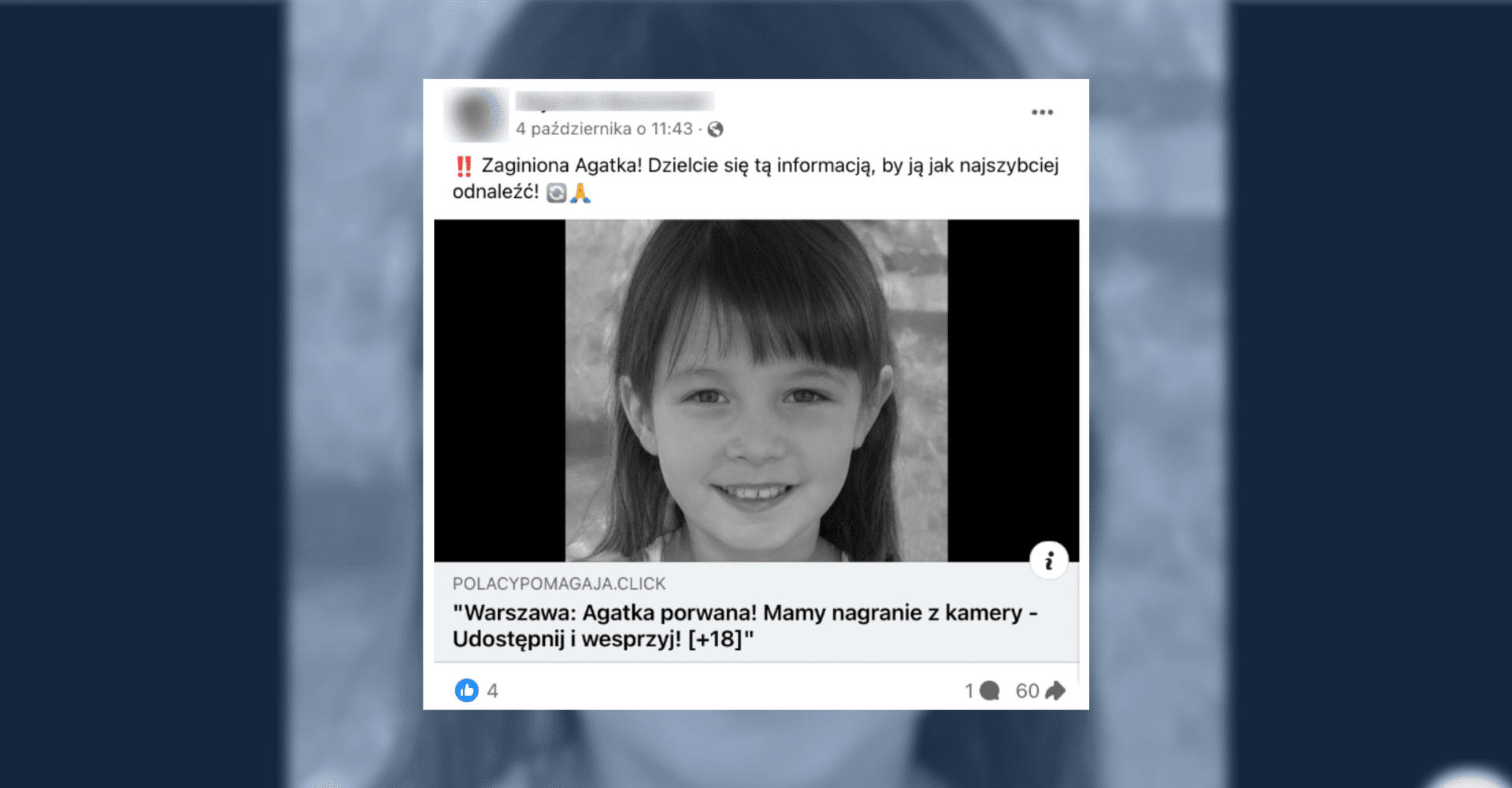 Screenshot posta z załączonym linkiem do rzekomego nagrania z porwania dziewczynki.