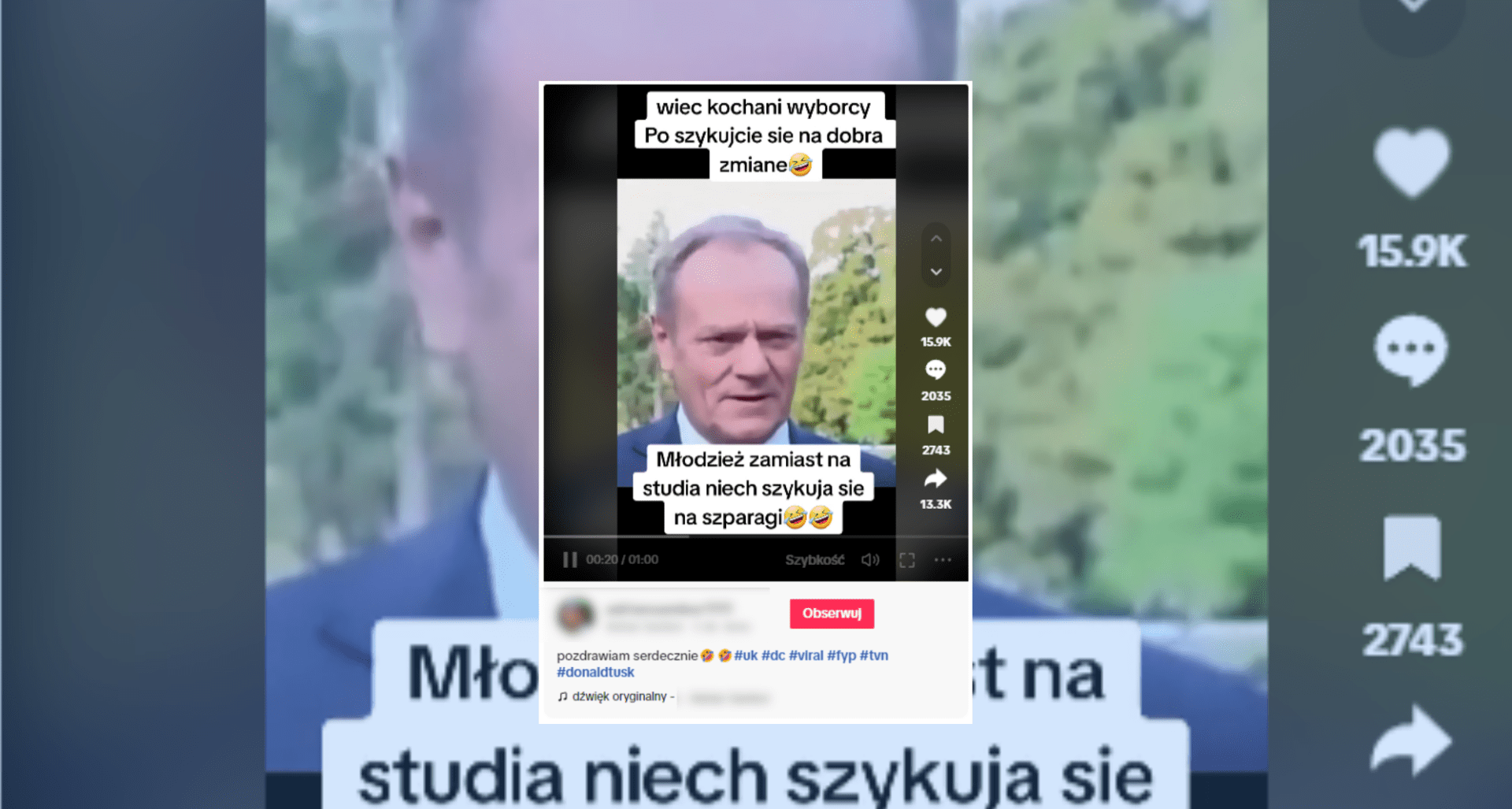 screenshot deepfake’a z wykorzystaniem wizerunku Donalda Tuska, który ma rzekomo zachęcać do pracy w Niemczech