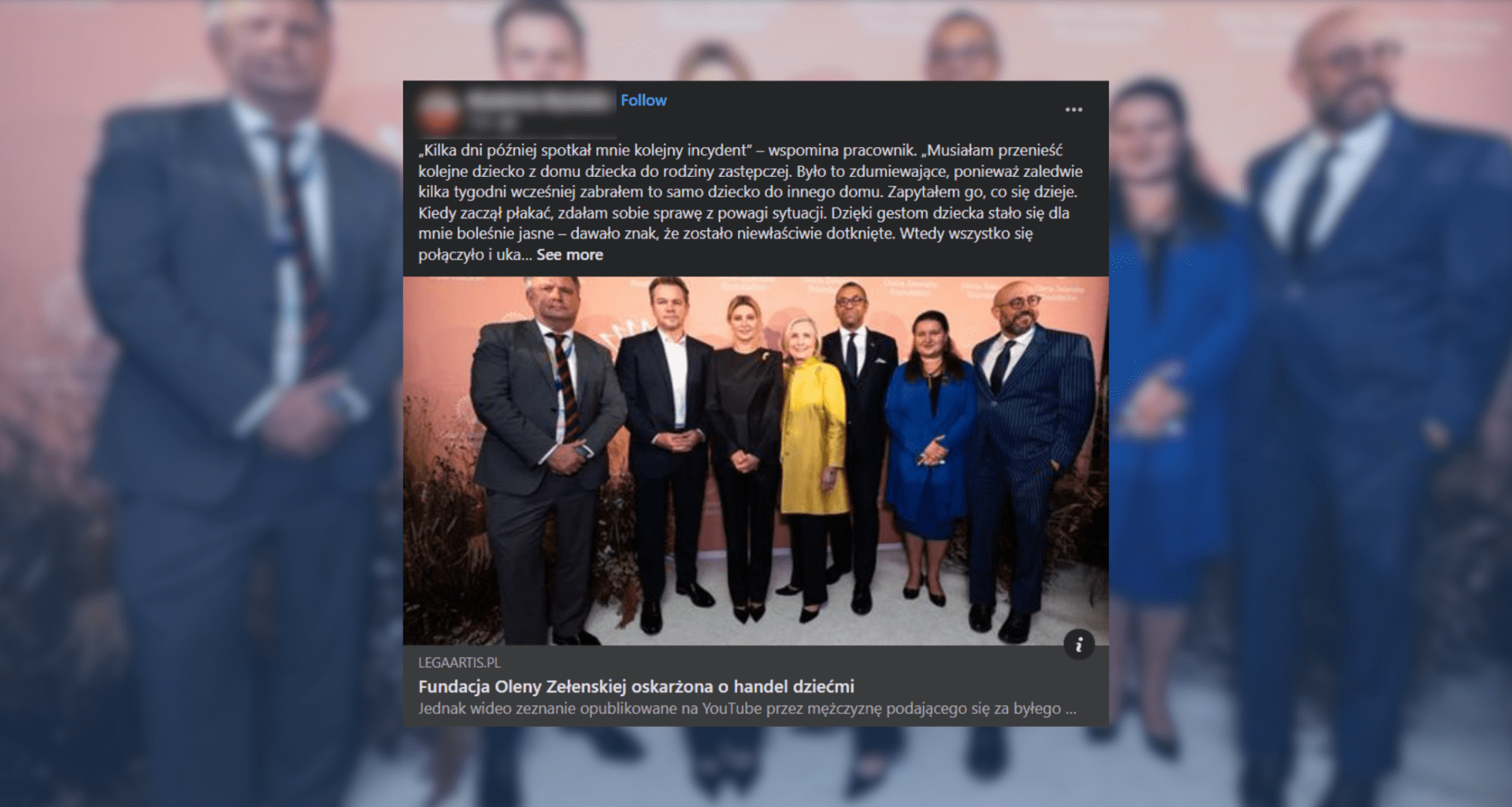 Screenshot wpisu przedstawiającego fałszwe informacje na temat fundacji Oleny Zełenskiej