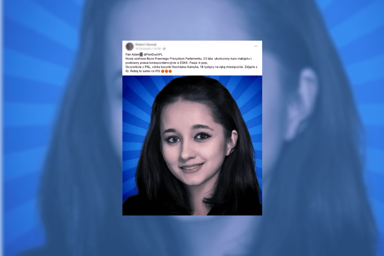 Skrinszot wpisu z Facebooka, zdjęcie brunetki.
