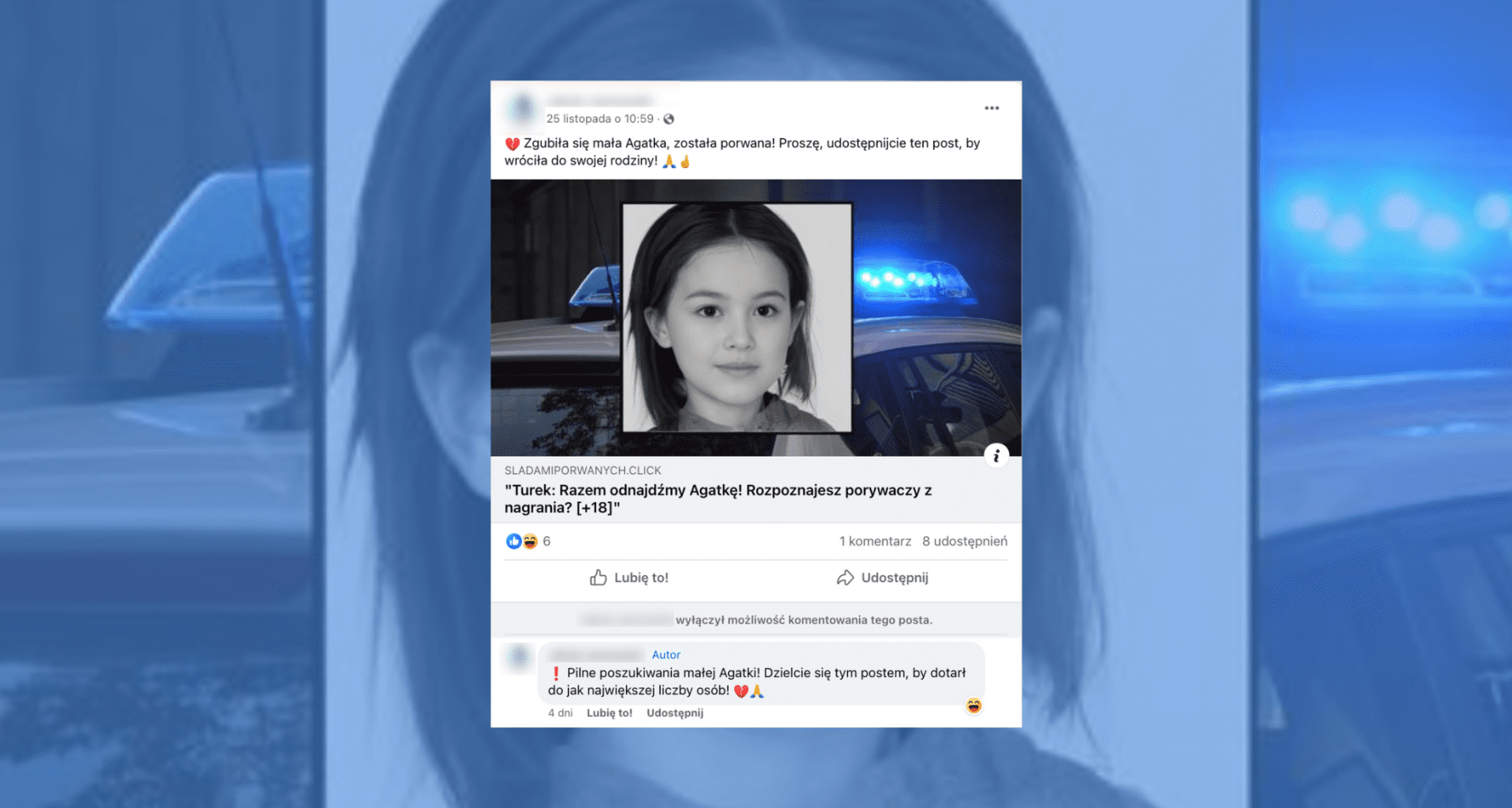 Screenshot wpisu z Facebooka, czarnobiałe zdjęcie małej dziewczynki