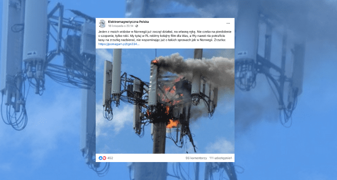 Skrinszot wpisu z Facebooka profilu Elektromagentyczna Polska, zdjęcie płonącego masztu telekomunikacyjnego
