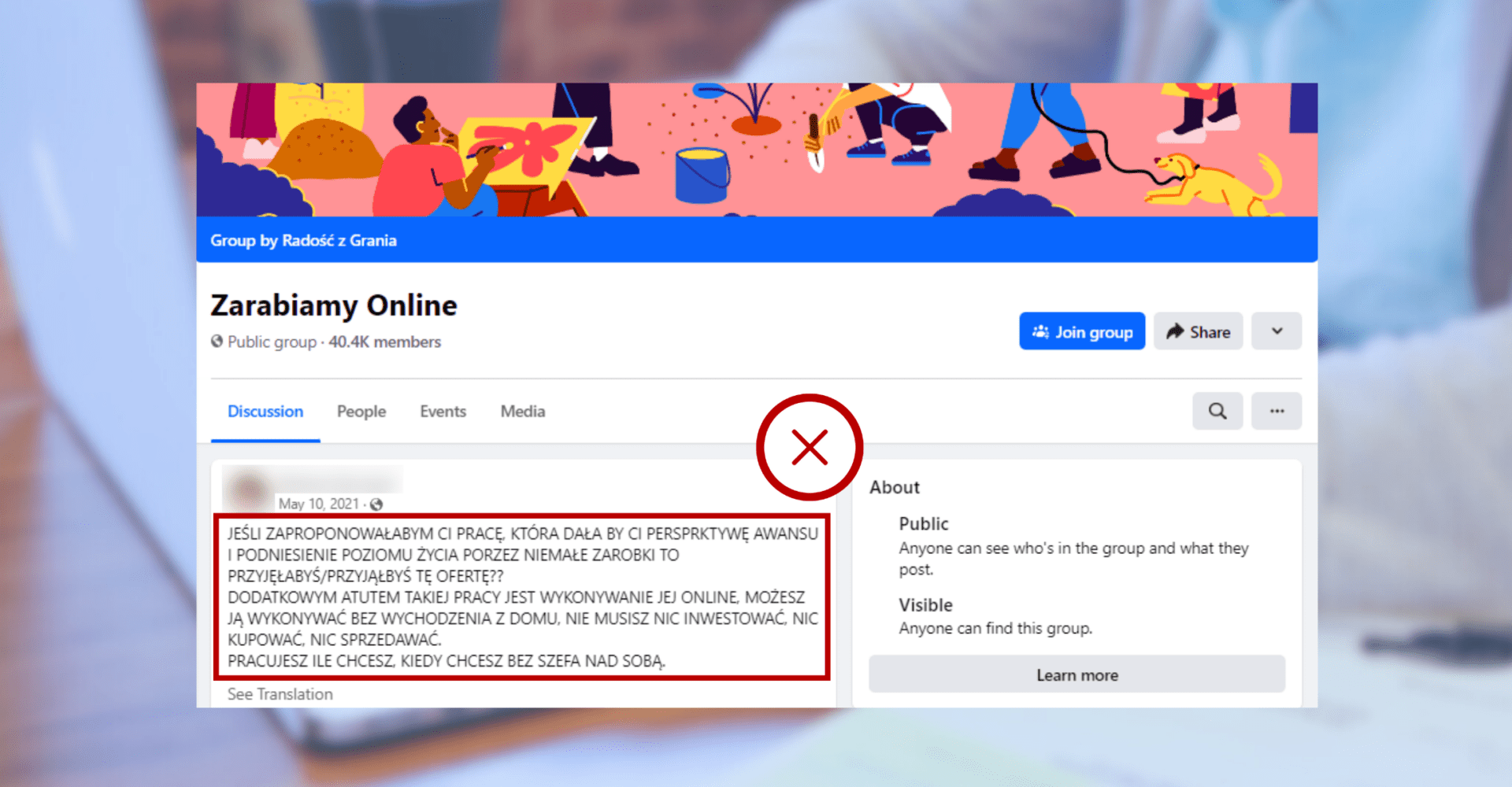 Screenshot fałszywej oferty o pracę zamieszczony w grupie na Facebooku