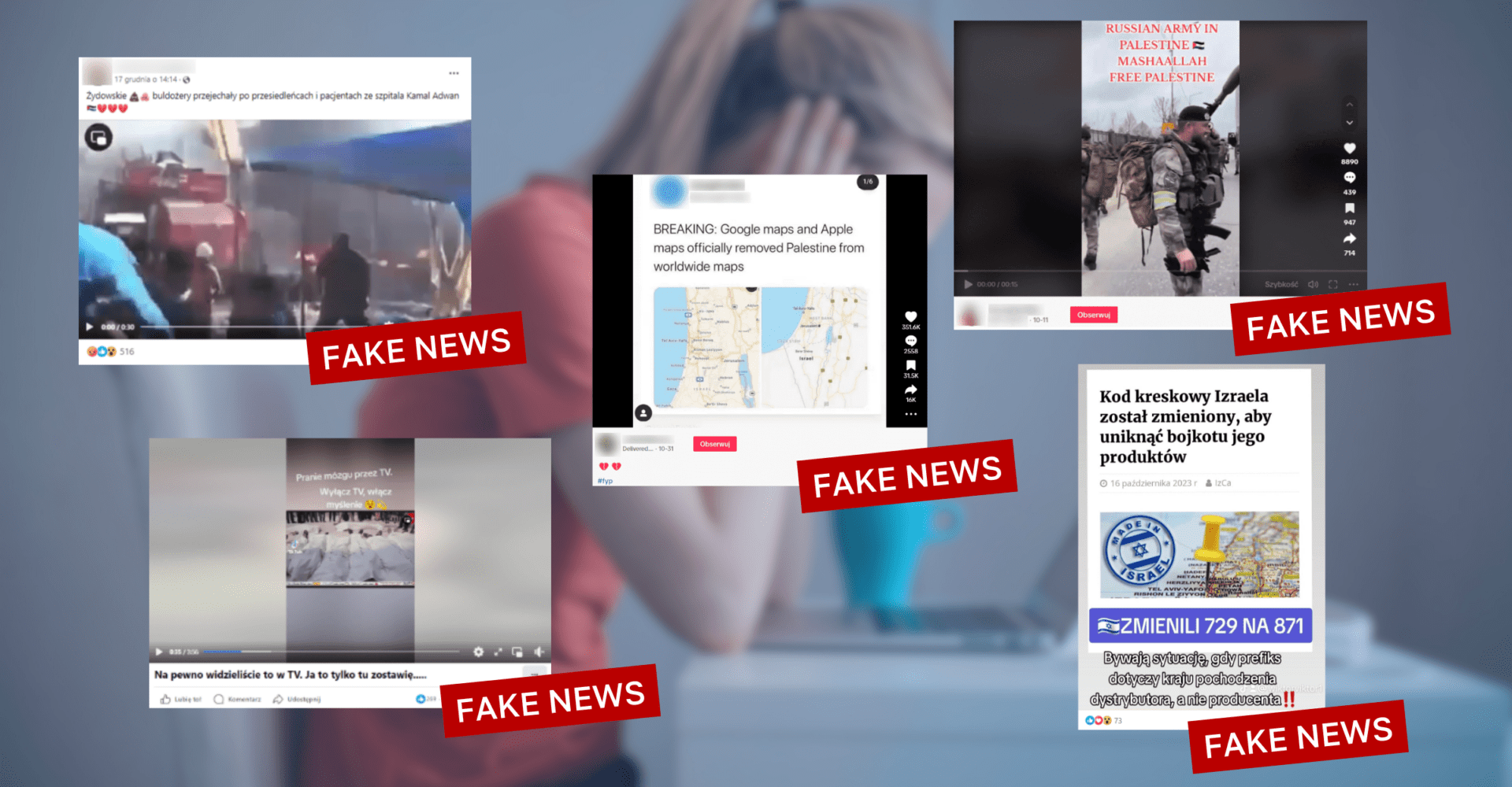 Screenshoty postów przedstawiających nieprawdziwe informacje dotyczące wydarzeń związanych z wojną Izrael-Hamas