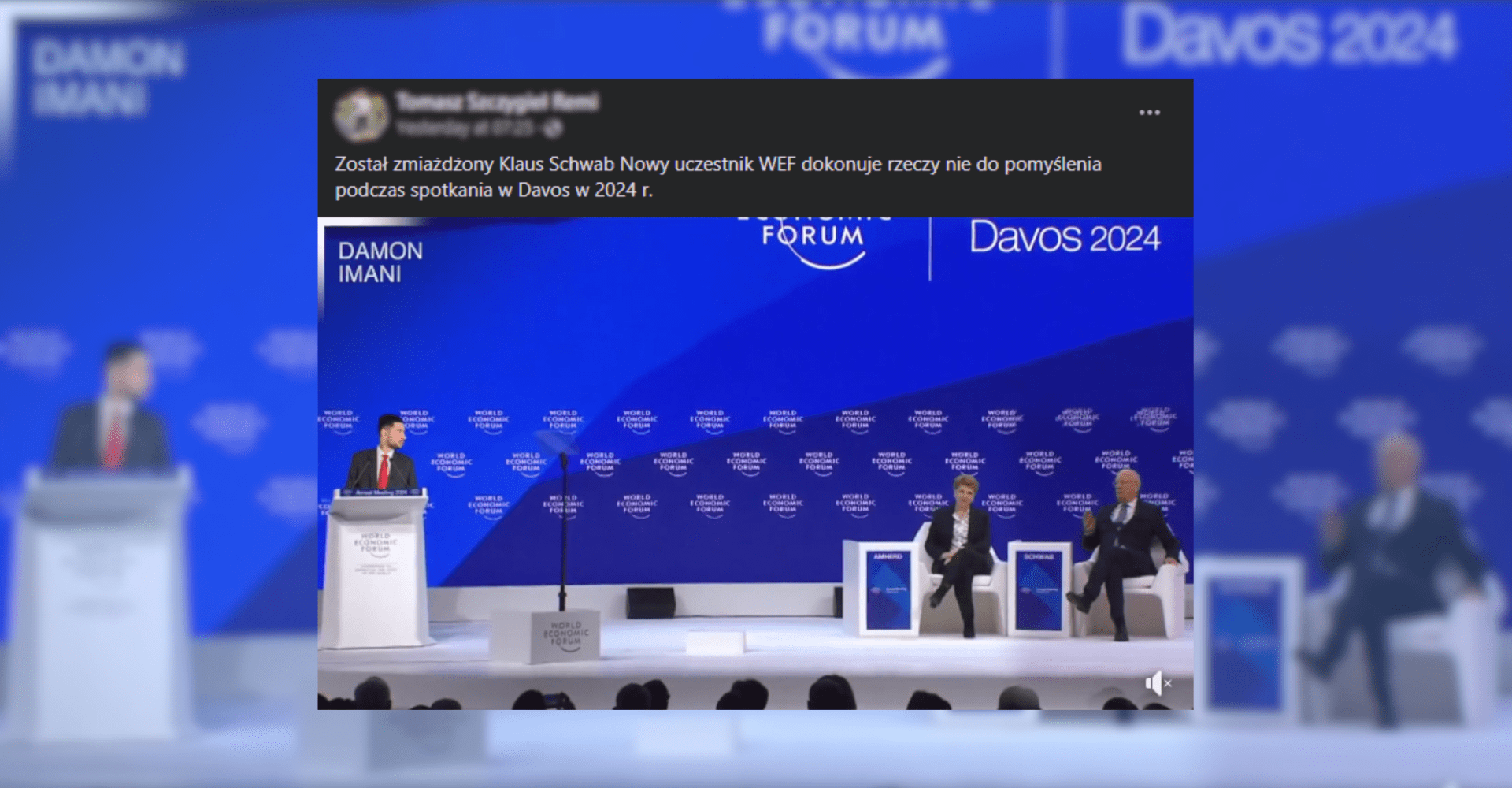 Screenshot posta z filmikiem o charakterze satyrycznym. Nagranie przedstawia jednego z uczestników WEF, który “miażdży” Klausa Schwaba