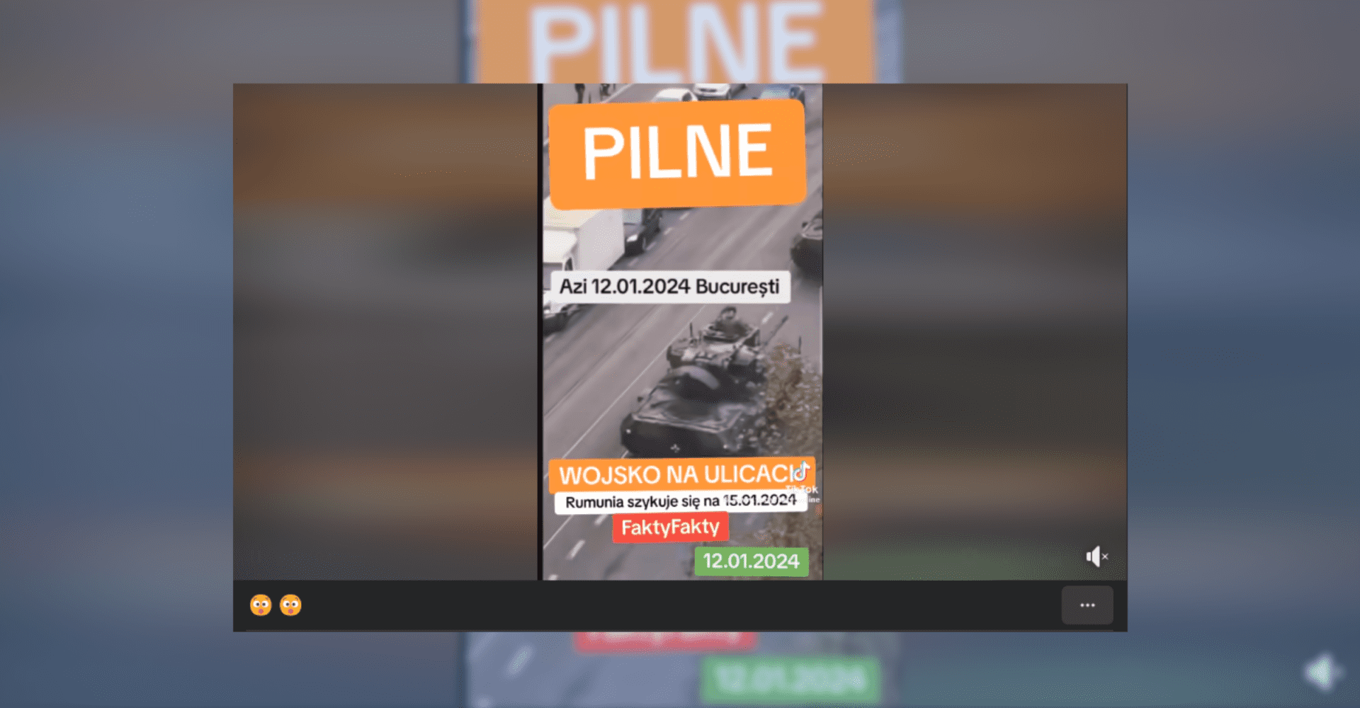 Screenshot nagrania przedstawiającego nieprawdziwe informacje dotyczące rzekomej obecności wojska na ulicach w Rumunii