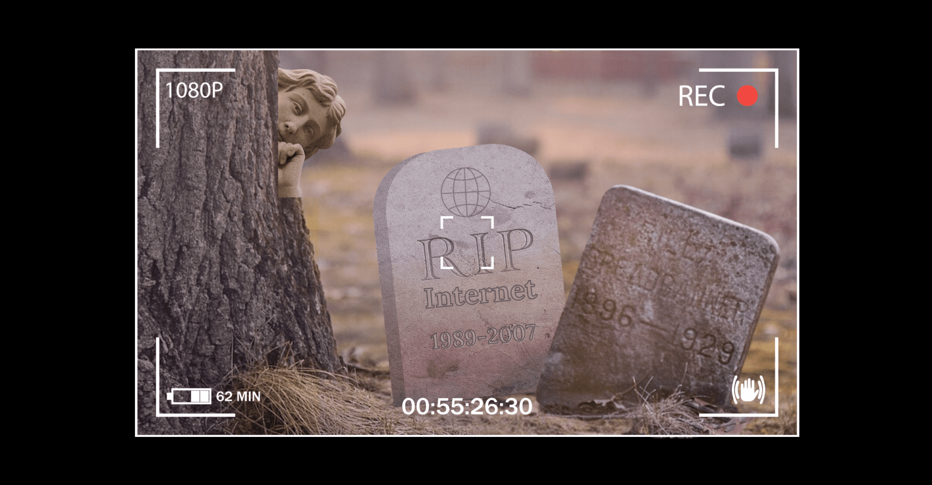 Nagrobek z napisem: "R.I.P. Internet, 1989-2007"