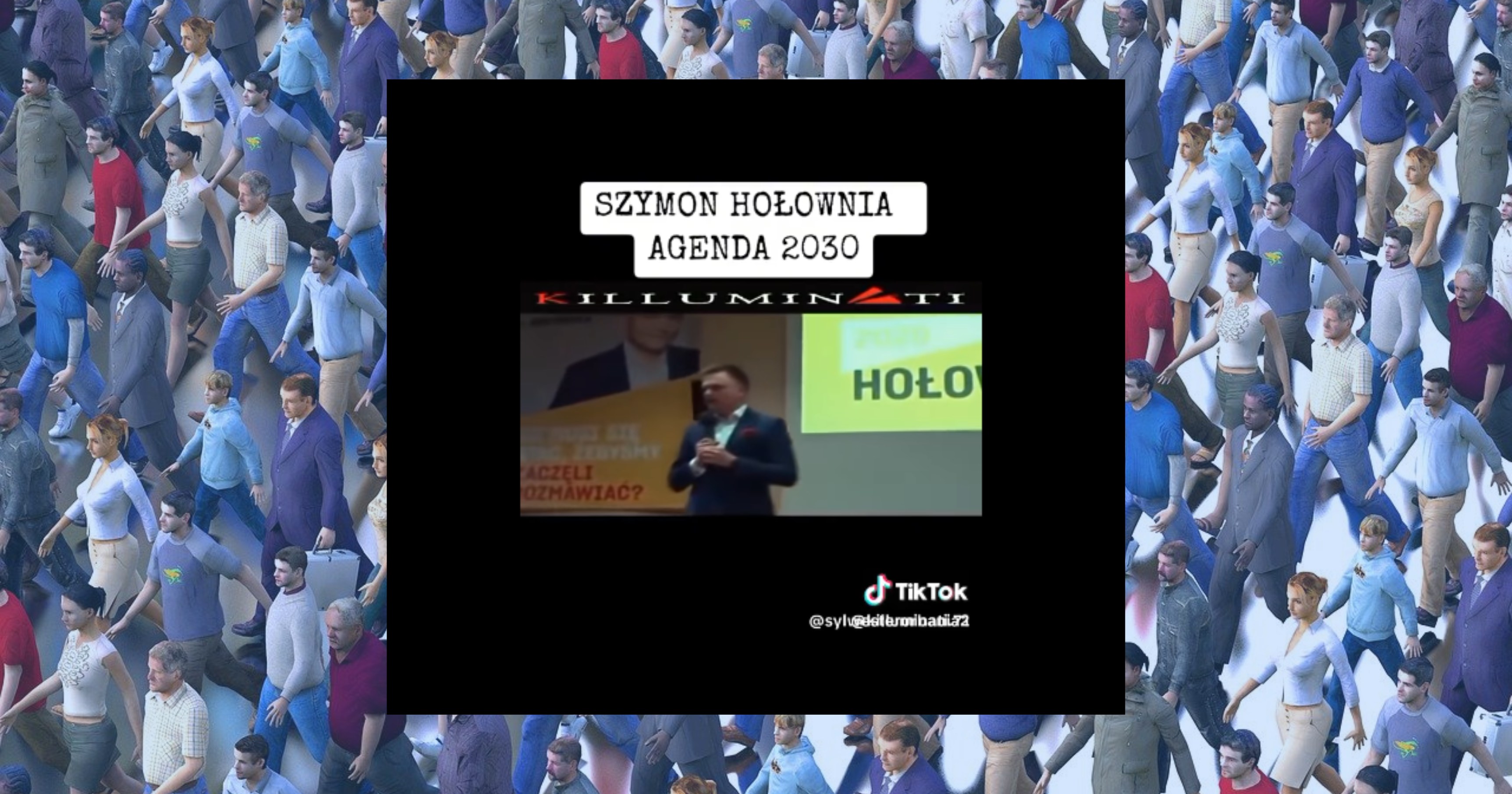 Screenshot filmiku mającego rzekomo dowodzić, że Szymon Hołownia wspiera depopulację na tle kolażu ludzi
