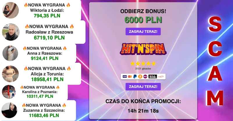 Screen z kasyna online – po prawej stronie pionowy napis SCAM. Po lewej zrzuty ekranu ze strony kasyna online z tekstem “NOWA WGRANA”, pod spodem Imię osoby i nazwa miasta. Niżej kwota.