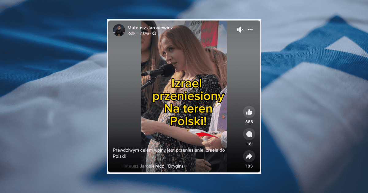 screen z tiktoka, w tle flaga Izraela