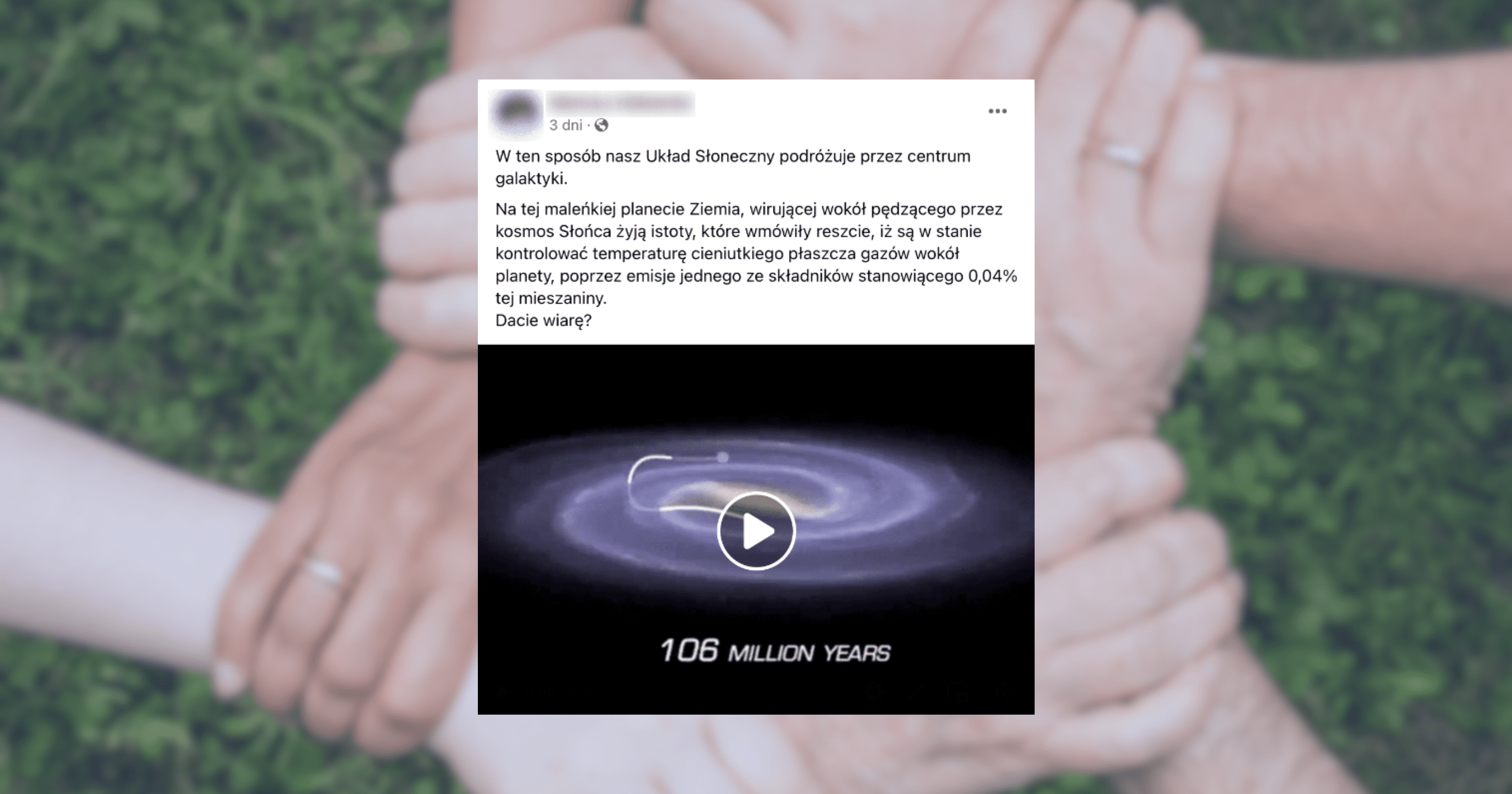 Screenshot posta z Facebooka sugerującego, że ludzie nie mają wpływu na klimat. To fałszywe informacje