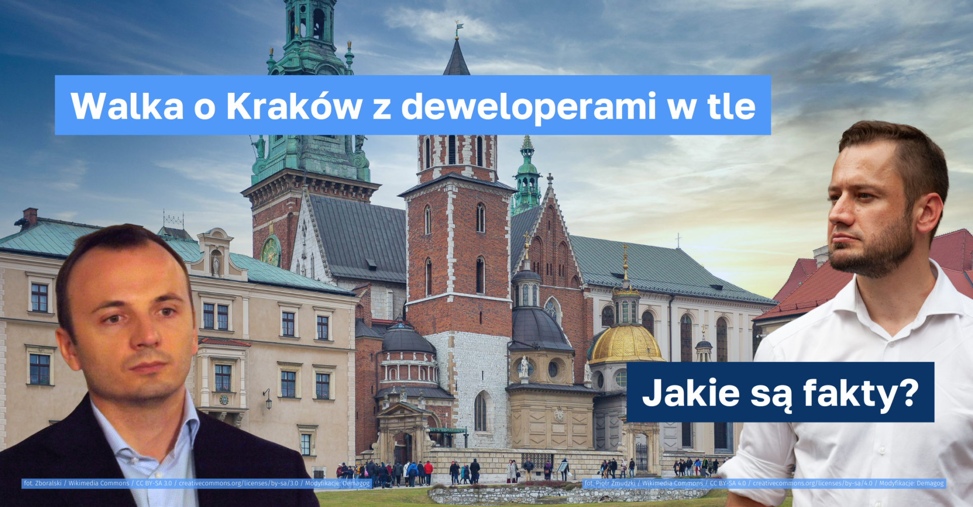 Zaciekła walka o Kraków z deweloperami w tle. Co mówią fakty? W lewym dolnym rogu — zdjęcie Łukasza Gibały (mężczyzna w średnim wieku, z lekkim zarostem, ubrany w jasną koszulę i marynarkę) w prawym dolnym rogu — zdjęcie Aleksandera Miszalskiego (mężczyzna w średnim wieku z zarostem, ubrany w białą koszulę). W tle krakowski Wawel.