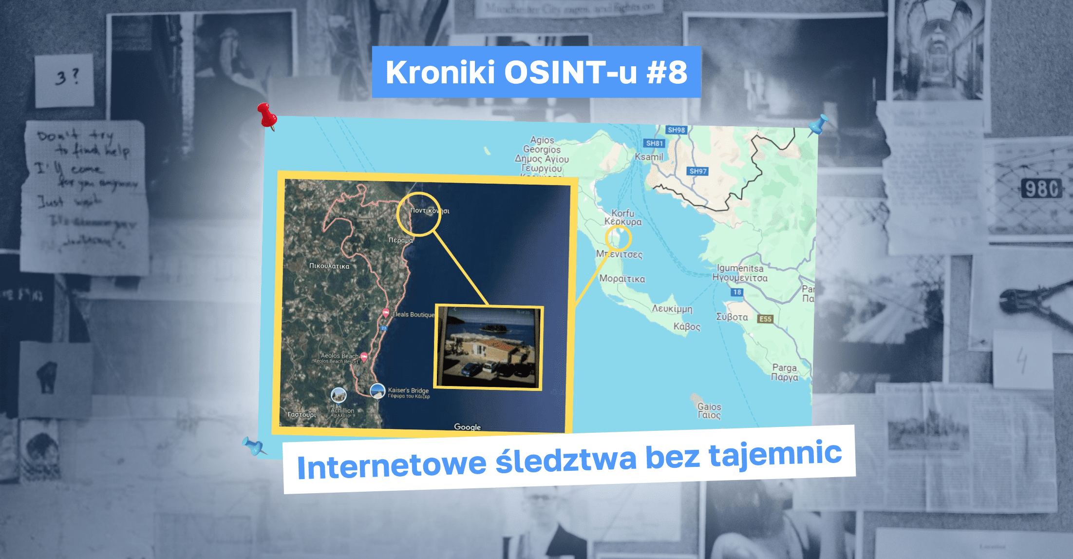 Kroniki OSINT-u #8. Jak Google pomogło w wojnie gangów. Internetowe śledztwa bez tajemnic. Zdjęcie przedstawiające screen Grecji z mapy Google oraz mapę satelitarną, gdzie wyróżnione jest zdjęcie przedstawiające knajpkę w Peramie na Korfu.
