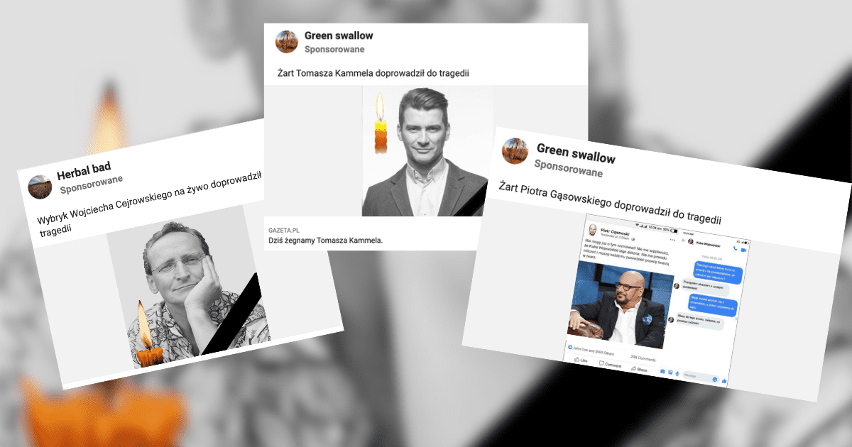 screeny z reklam z facebooka, fałszywie opisujące czyjąś śmierć