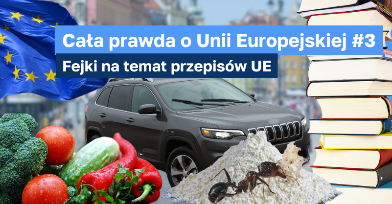 Brokuł, pomidory, ogórek, papryka i pietruszka w lewym dolnym rogu, SUV w górnym. Na środku flaga Uni Eruopejskiej. Pod nią mąka i mrówka. Po prawej rozciąga się stos książek. W tle miasto.