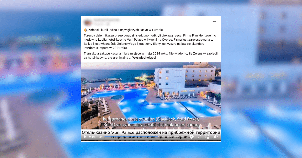 Screenshot załączonego wideo do wpisu na Facebooku, z luksusowym hotelem z basenem.