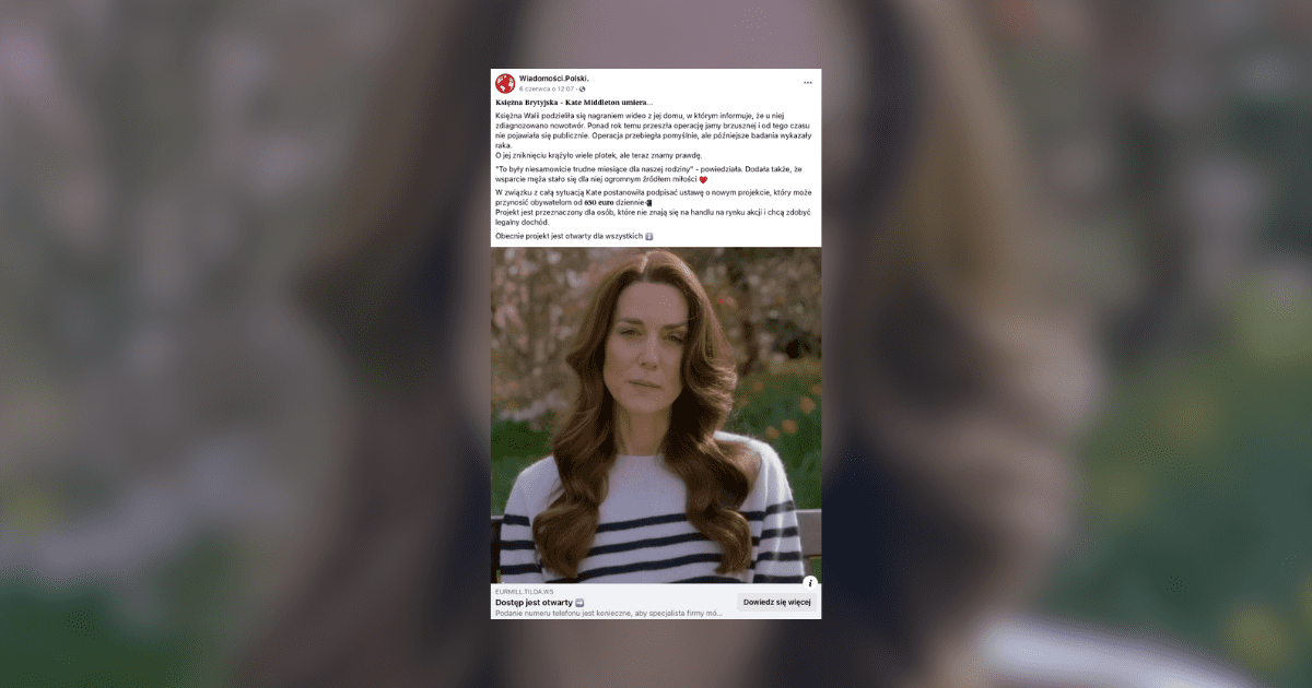 Screenshot wpisu z Facebooka ze zdjęciem księżnej Kate, z opisem sugerującym jej śmierć.
