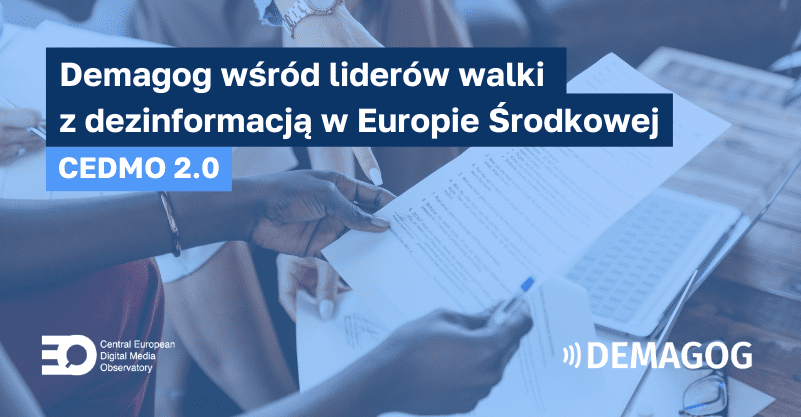 napis: Demagog wśród liderów walki z dezinformacją w Europie Środkowej a w tle zdjęcie z dokumentami