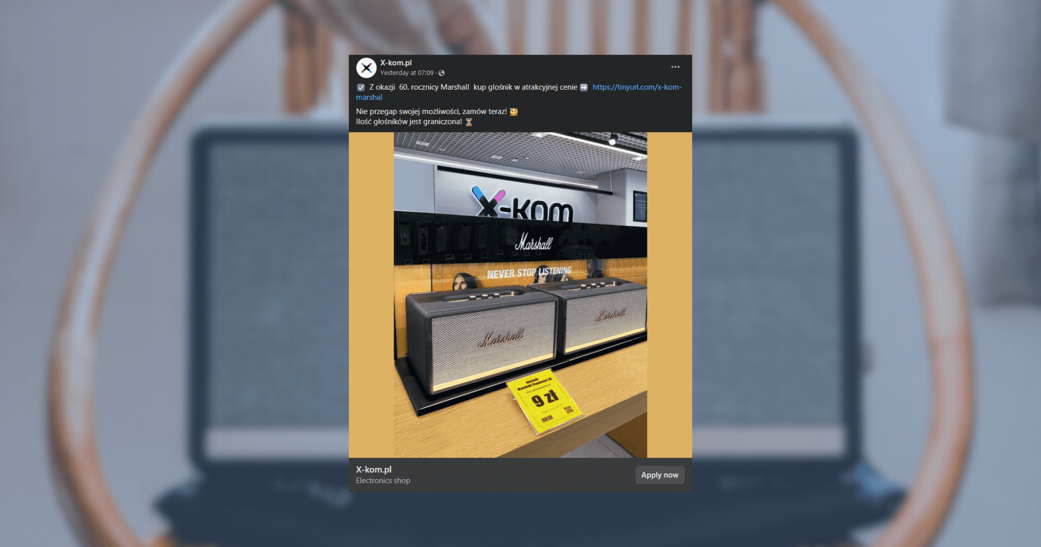 Screen wpisu profilu podszywającego się pod sklep x-kom o treści: „Z okazji 60. rocznicy MarshaII kup gIośnik w atrakcyjnej cenie Nie przegap swojej możIiwości, zamów teraz! IIość głośników jest graniczona!” Uwaga! To oszustwo.