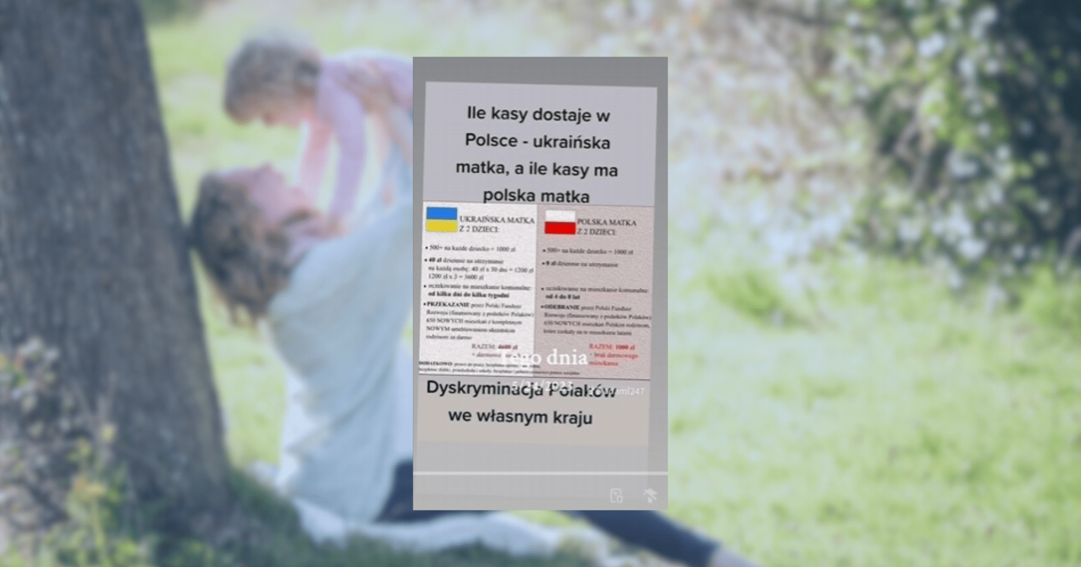 Screen z TikToka, który sugeruje, że świadczenia społeczne dla ukraińskich matek są wyższe niż dla mam Polek. Jest to znany fake news, który powrócił.