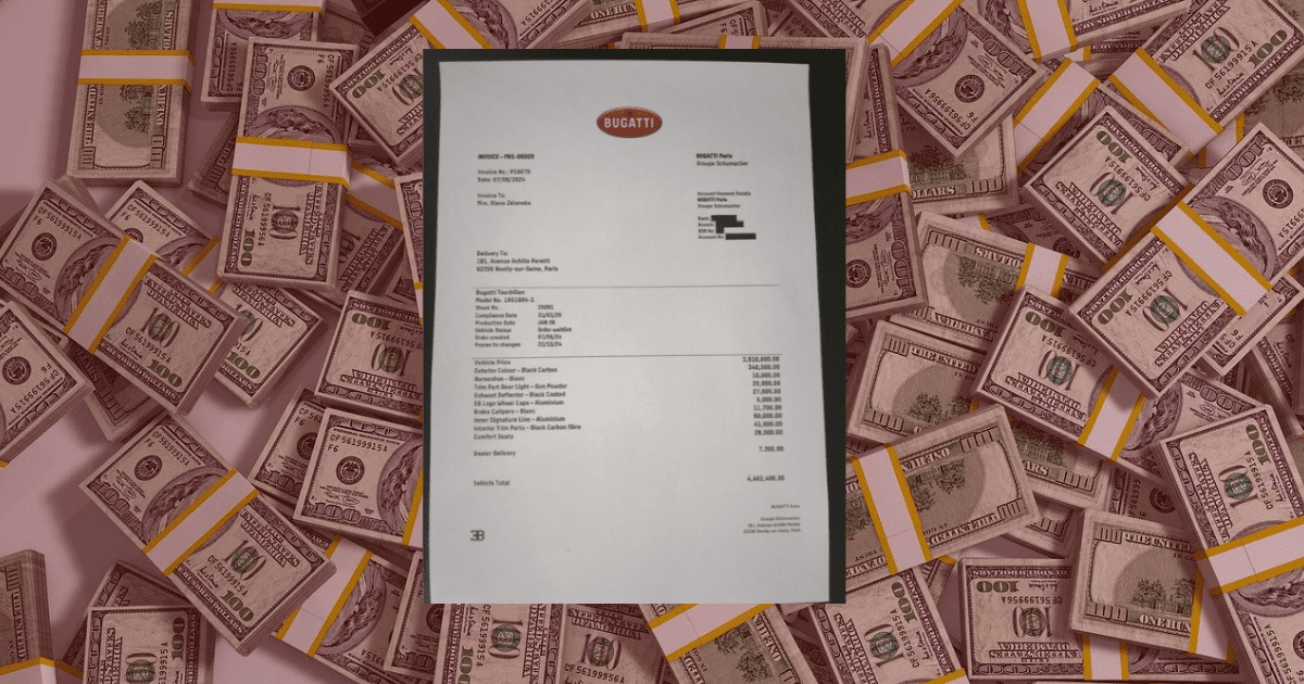 w tle banknoty, na zdjęciu rzekoma faktura za bugatti które miała kupić Ołena Zełeńska, to fake news.