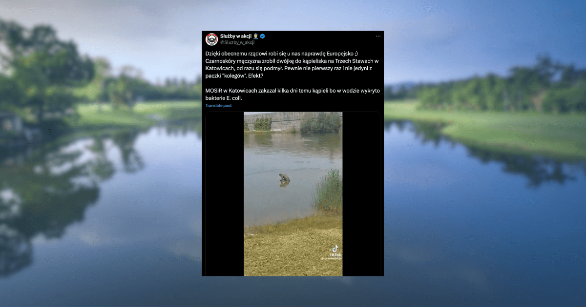 screen z portalu X, w tle zdjęcie jeziora