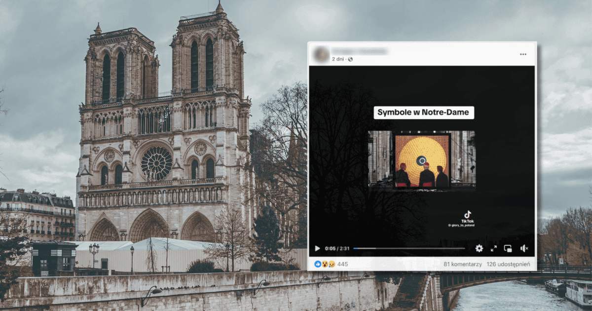 Zrzut ekranu filmu z facebooka, a w tle zdjęcie katedry Notre Dame w Paryżu.