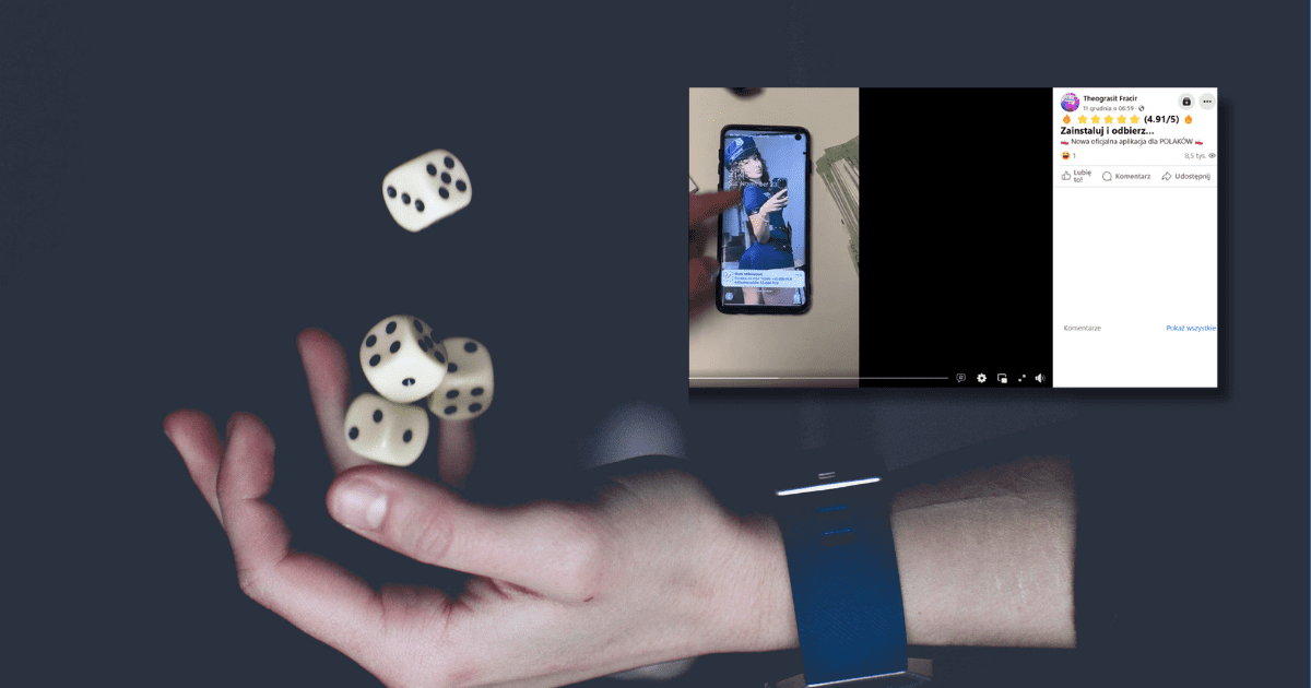 screen z Facebooka, w tle ręka i kości do gry