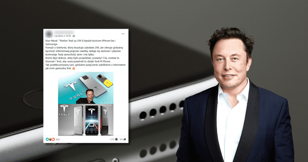 screen z Facebooka, Elon Musk, w tle telefon