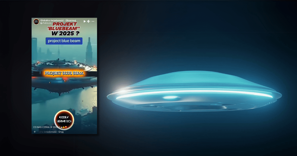 Screen z facebooka przedstawiający reels dotyczący bluebeam, w tle zdjecie ufo.