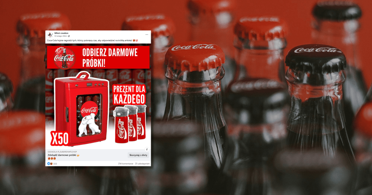 w tle szklane butelki Coca-Coli na tle czerwonej ściany i zrzut ekranu z Facebooka, na którym widnieje informacja o możliwości zdobycia nagrody od firmy w zamian za wypełnienie ankiety