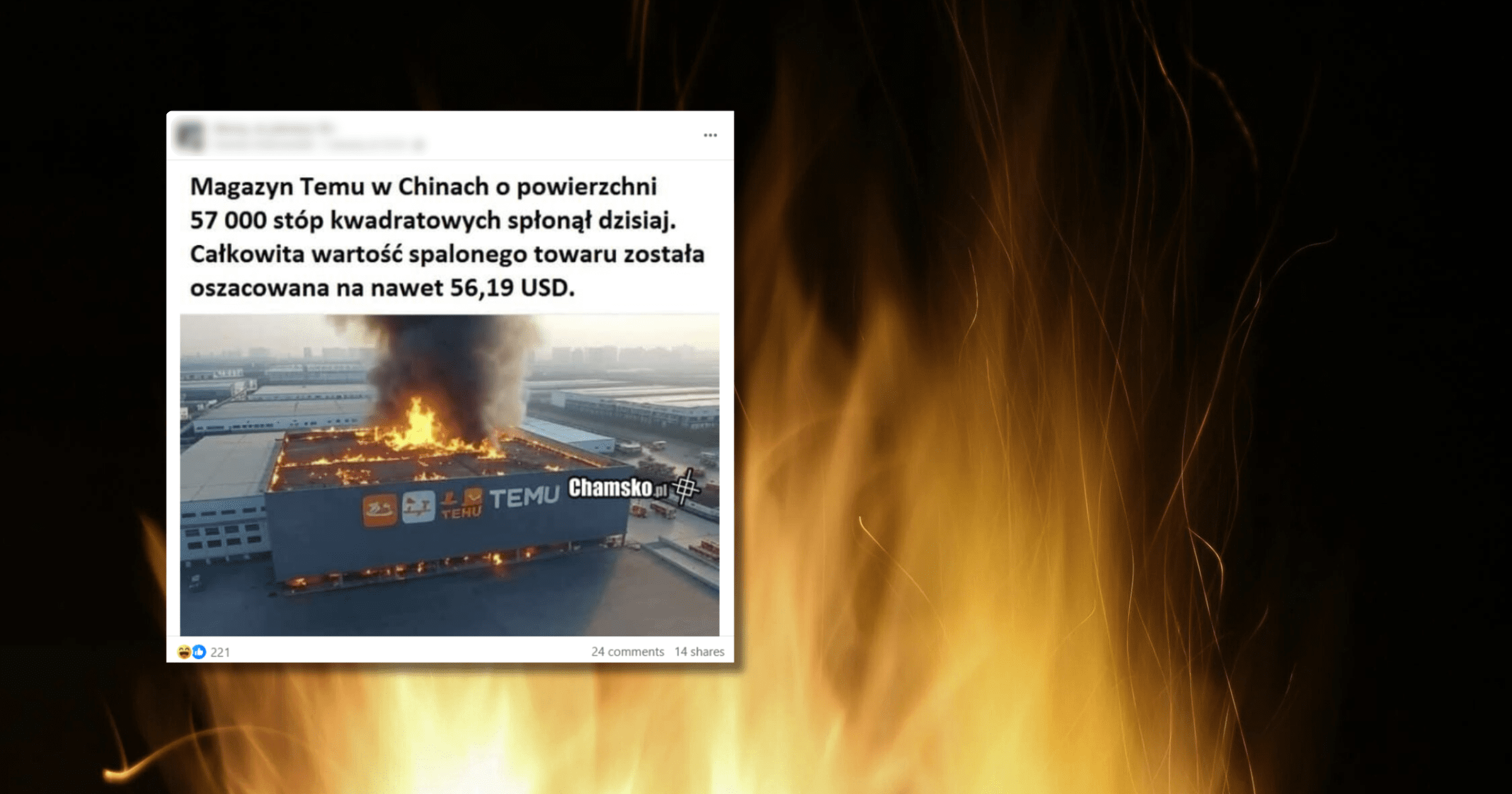 screen z facebooka, w tle zdjęcie ognia