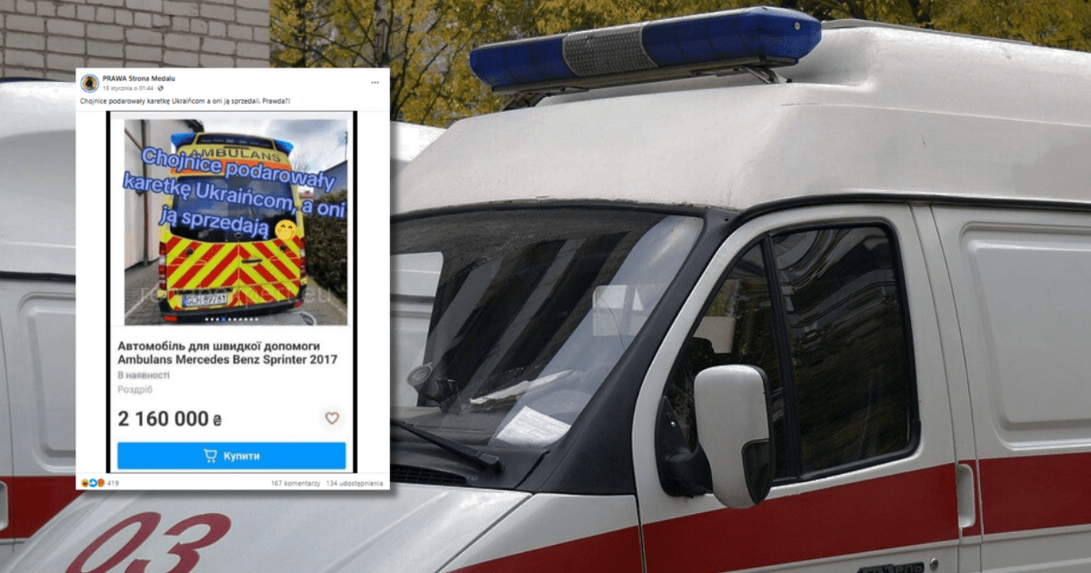 w tle karetka, zrzut ekranu z Faceboka z informacją o sprzedaży karetki, która została przekazana Ukraińcom.