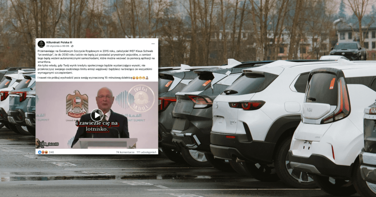 na grafice rząd samochodów zaparkowanych na parkingu miejskim i zrzut ekranu z Facebooka – Klaus Schwab stojący przed mównicą