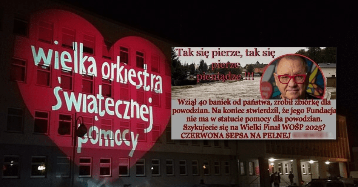 Screen z Facebooka przedstawiający wpis dotyczący rzekomego niewypłacenia pieniędzy przez WOŚP na powodzian, w tle zdjęcie podświetlonego napisu WOŚP na budynku.