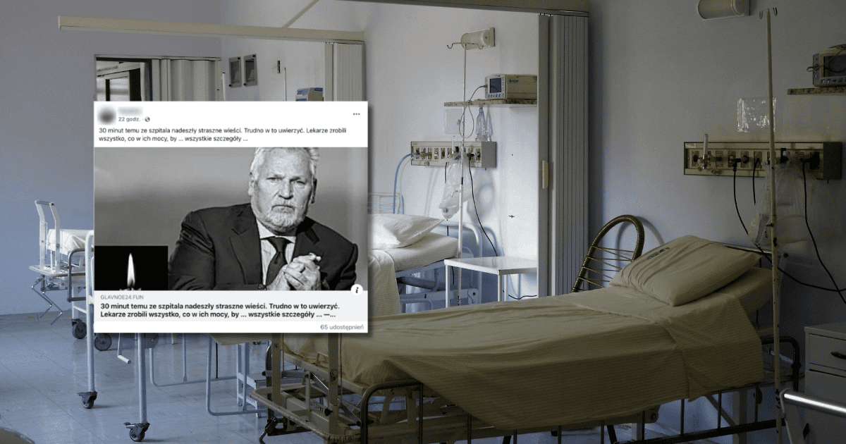 w tle łóżka szpitalne stojące w sali, zrzut ekranu z Facebooka z informacją o tym, że Aleksander Kwaśniewski jest w szpitalu