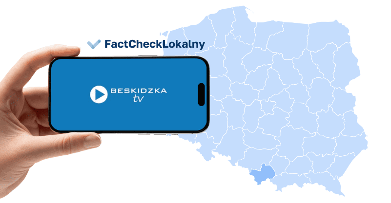 Ręka trzymająca smartfon z logo Beskidzkiej TV. W tle mapa Polski z zaznaczonym województwem bielskim