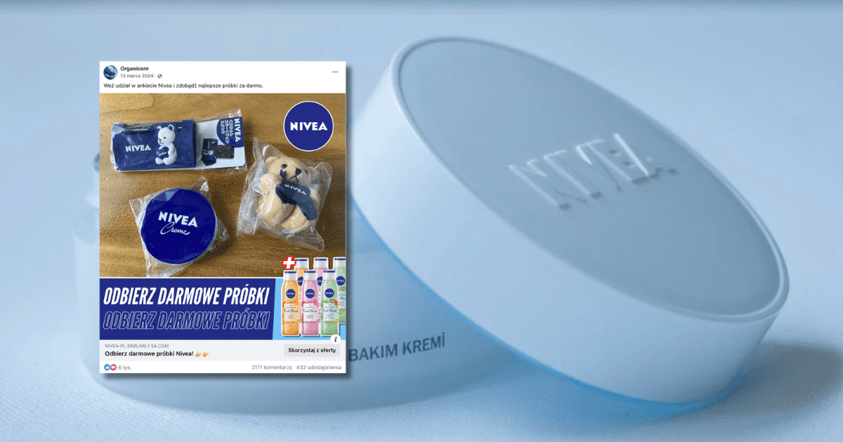 screen fake newsa, który jest opisany w analizie, przedstawia on scam na próbki kremu nivea, w tle zdjęcie kremu nivea