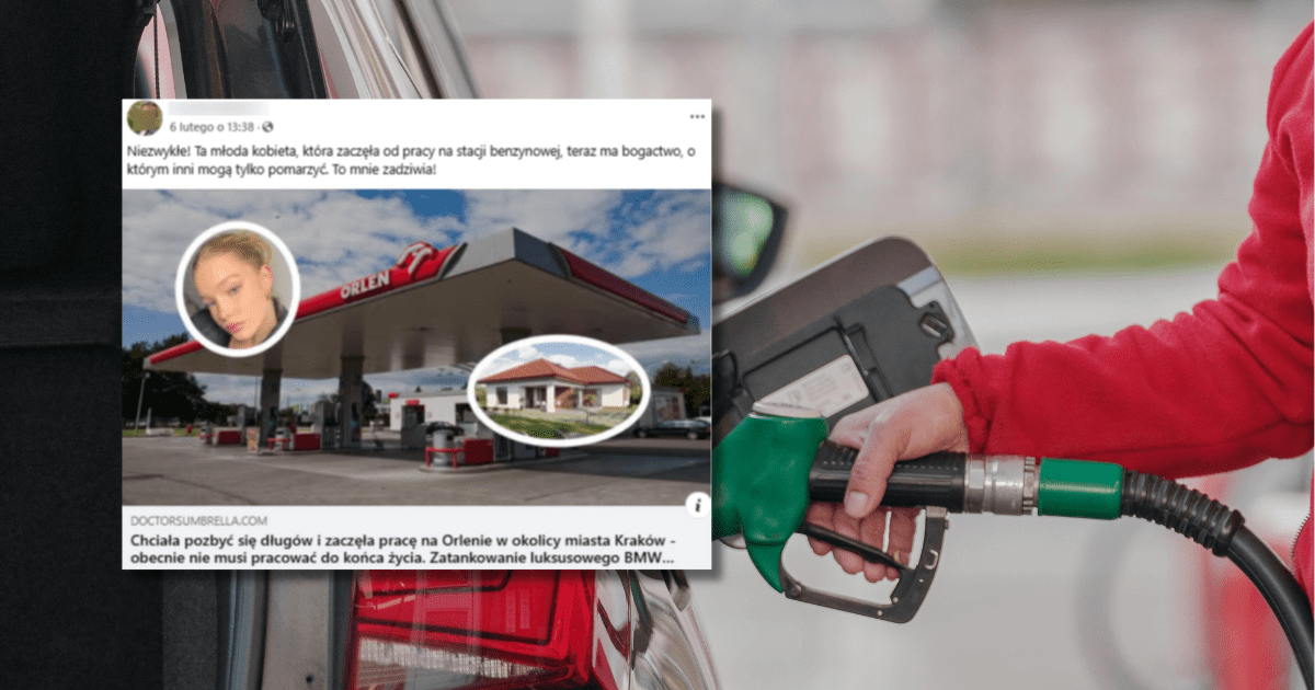 w tle zbliżenie na rękę pompującą benzynę do samochodu na stacji benzynowej, zrzut ekranu z Facebook, gdzie opowiedziana jest historia młodej pracownicy Orlen, która nie musi pracować do końca życia.