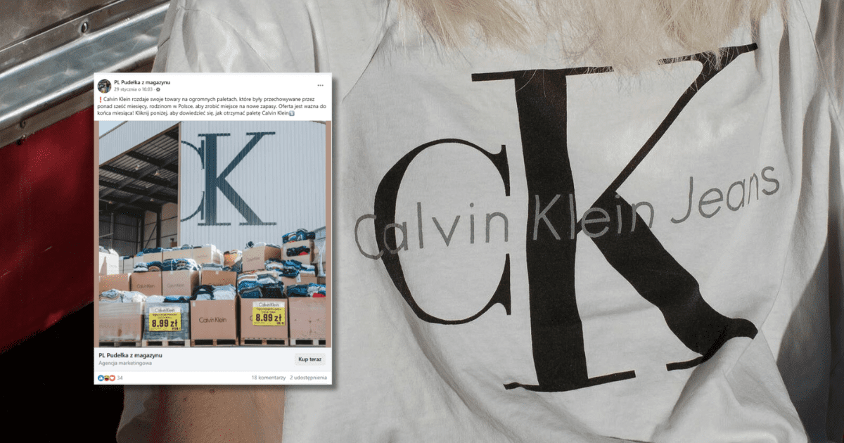 W koszulka z napisem Calvin Klein Jeans i logiem marki, zrzut ekranu z Facebooka z informacją o tym, że firma Calvin Klein rozdaje swoje towary