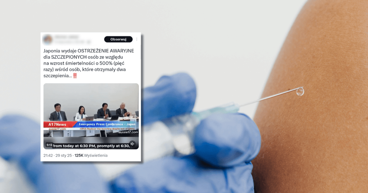 w tle ręka w ochronnych rękawiczkach trzymająca strzykawkę, zrzut ekranu z portali X z informacją o wzroście śmiertelności 0 500% wśród osób, które otrzymały dwa szczepienia