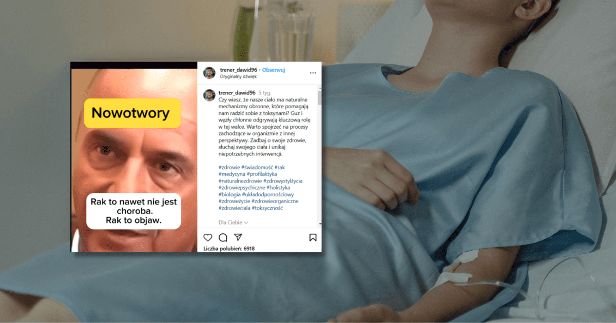 w tle pacjentka leżąca na łóżku, zrzut ekranu z Instagrama, z informacją o tym, że rak to objaw, a nie choroba