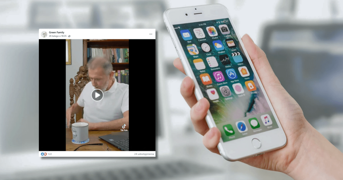 w tle ręka trzymająca telefon, zrzut ekranu z Facebooka z screenem z nagrania, na którym Hubert Czerniak wyjaśnia związek między korzystaniem z telefonów komórkowych a rozwojem nowotworów.