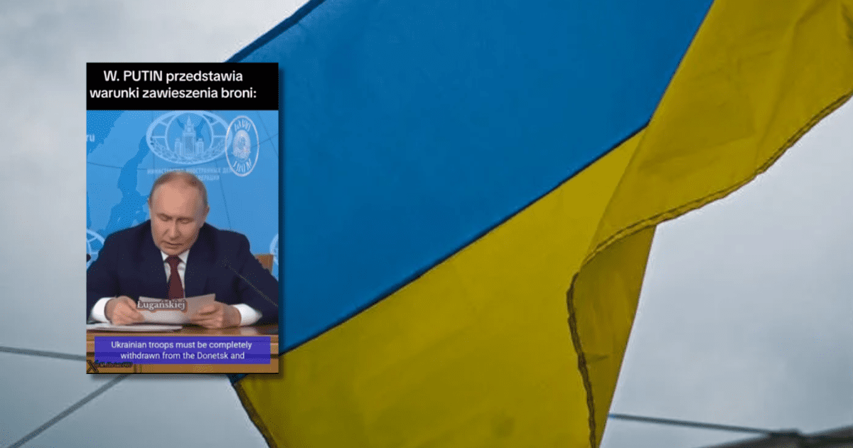 w tle flaga Ukrainy, zrzut ekranu z TikToka – nagranie z wystąpienia Władimira Putina