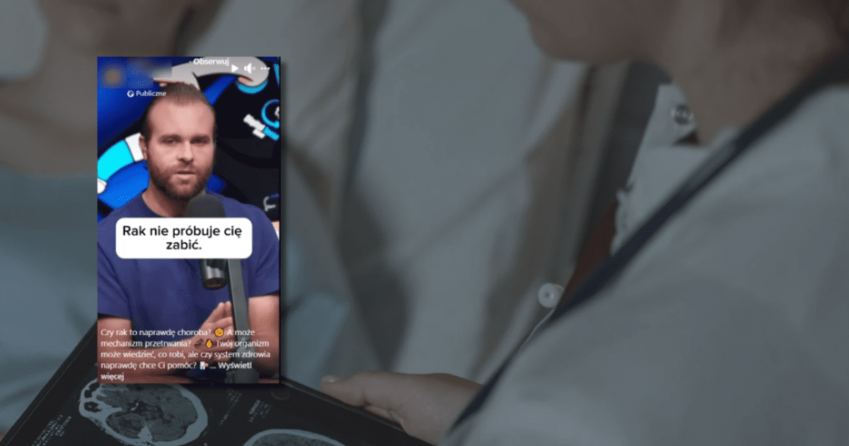 w tle pacjent na łóżku szpitalnym i lekarka, zrzut ekranu z Facebooka z aktorem Joshua Davidem Earpem z dopiskiem, że rak nie próbuje nas zabić