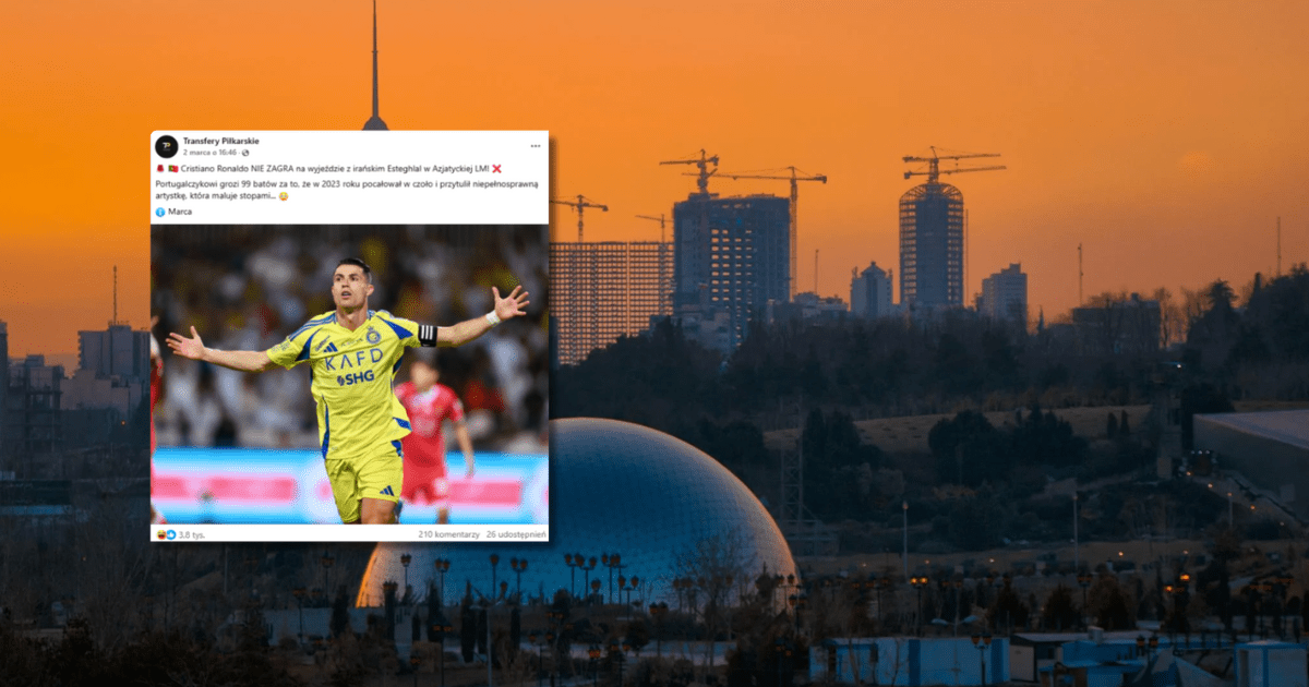 w tle zdjęcie Tehranu w Iranie, zrzut ekranu z Facebooka ze zdjęciem Cristiano Ronaldo