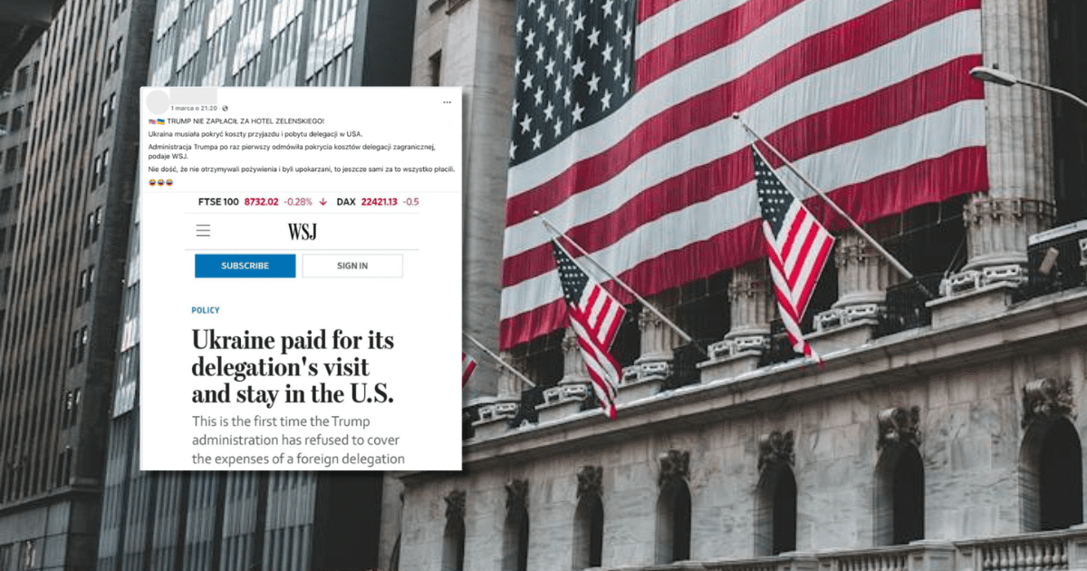 wiszące na budynku flagi USA, zrzut ekranu z Facebooka z informacją o tym, że Trump nie zapłacił za hotel Zełeńskiego w trakcie ich delegacji w USA